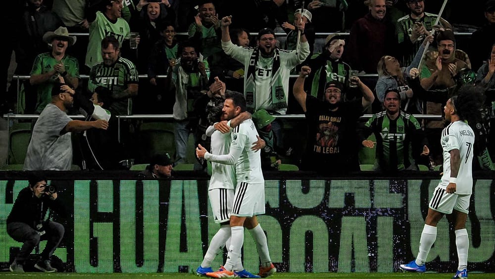 Facundo Torres and Brendan Hines-Ike hugging after Austin's opening goal