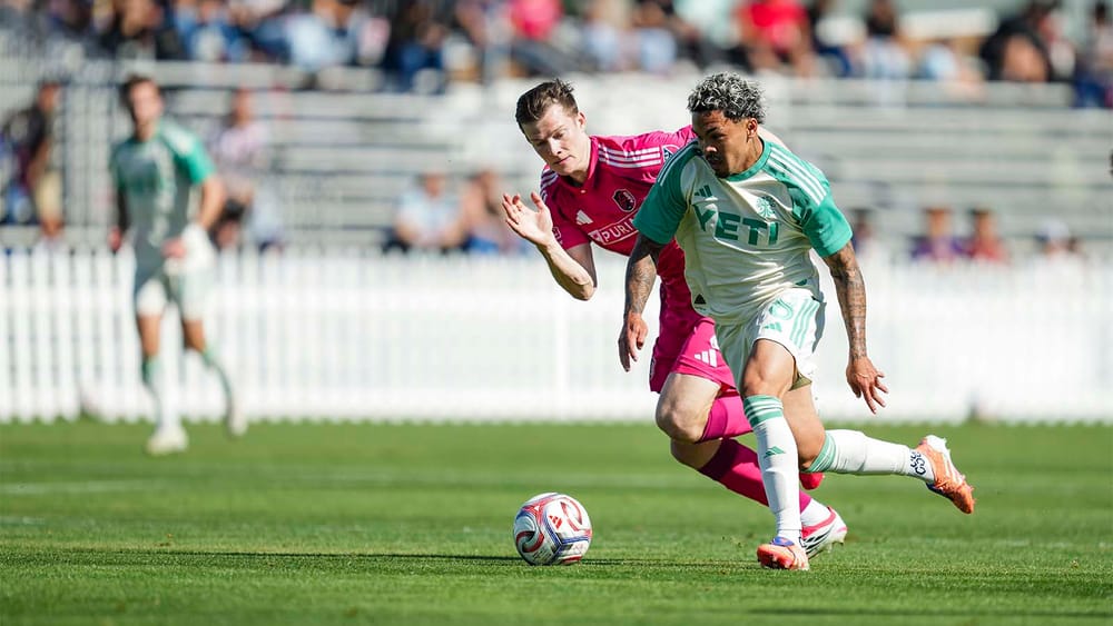Dani Pereira of Austin FC dribbling past a St. Louis player
