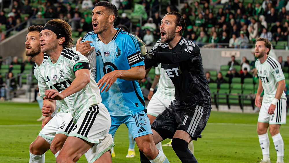 Brendan Hines-Ike, Ilie Sánchez, and Brad Stuver of Austin FC battling Michael Boxall of Minnesota United FC in front of goal
