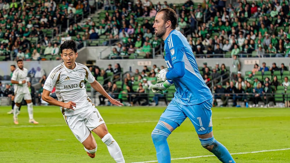 Brad Stuver playing in a playoff match against Son Heung-min