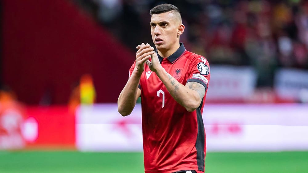 Myrto Uzuni playing soccer for Albania