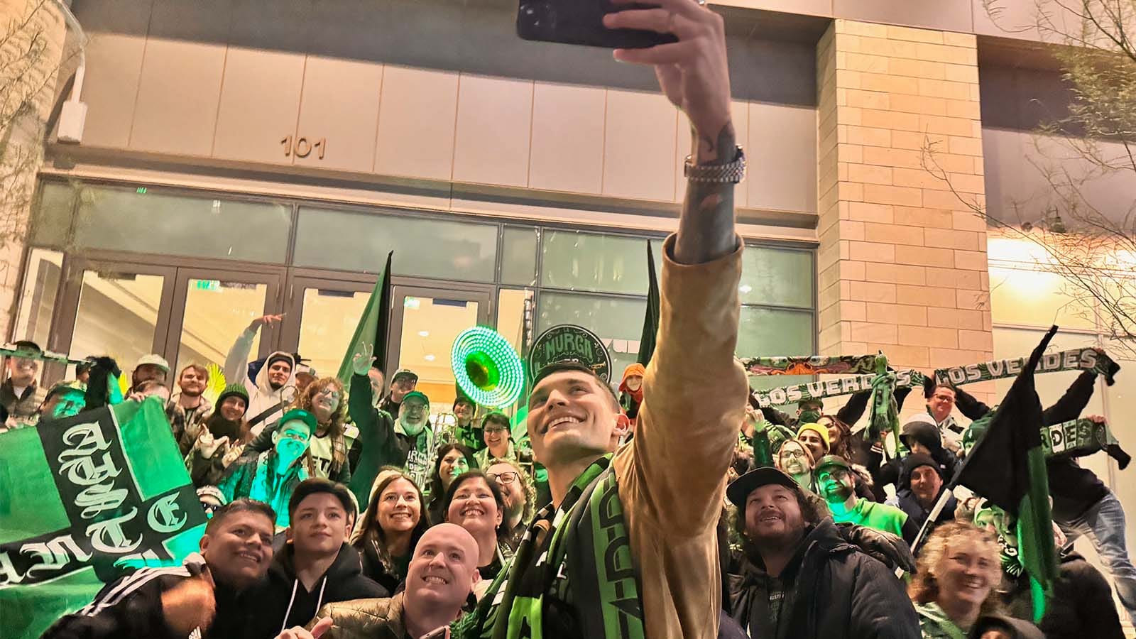 Brandon Vazquez takes selfie with Austin FC fans