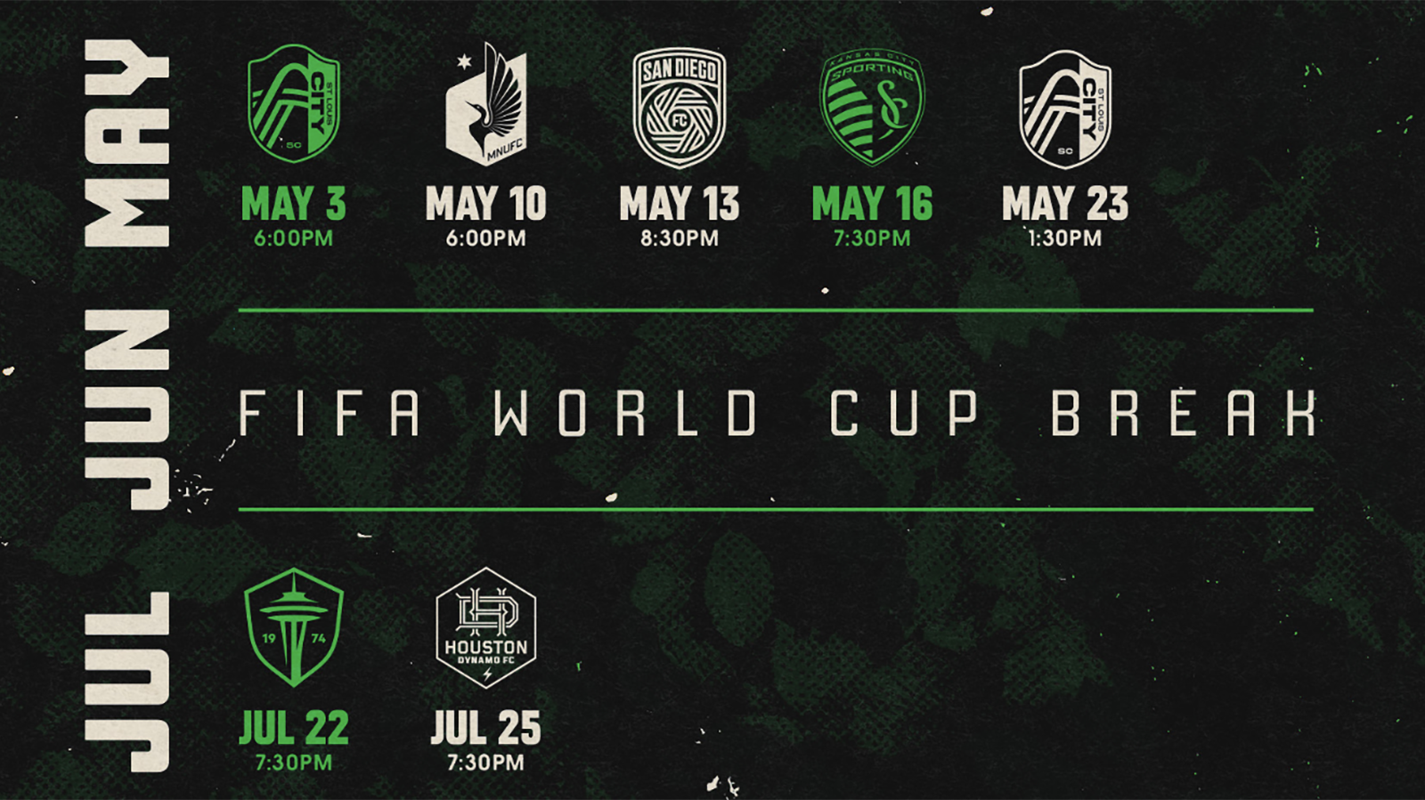 Section of the 2026 Austin FC schedule showing a two-month break for the 2026 World Cup