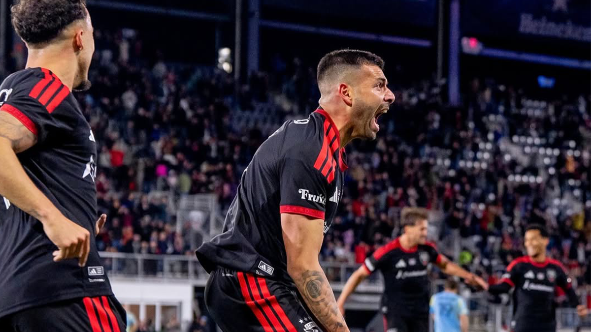 Tai Baribo celebrating goal he scored for D.C. United against the Philadelphia Union